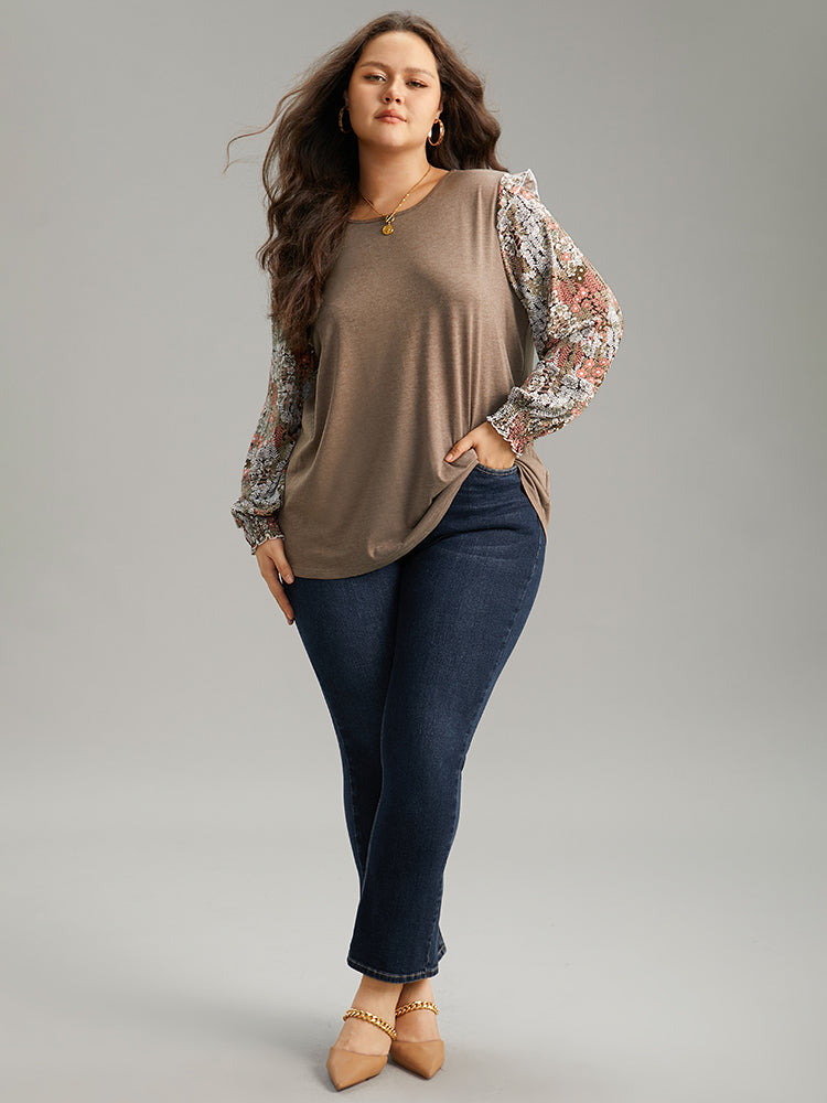 Floral Print Shirred Cuffs Ruffle Trim T-shirt