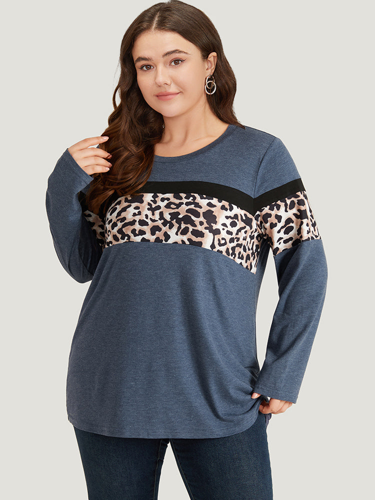 Leopard Heather Patchwork Crew Neck T-shirt