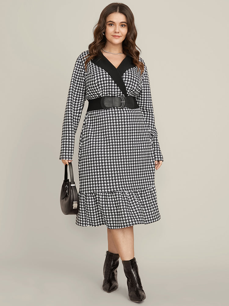 Contrast Trim Suit Collar Pocket Ruffle Hem Houndstooth Dress