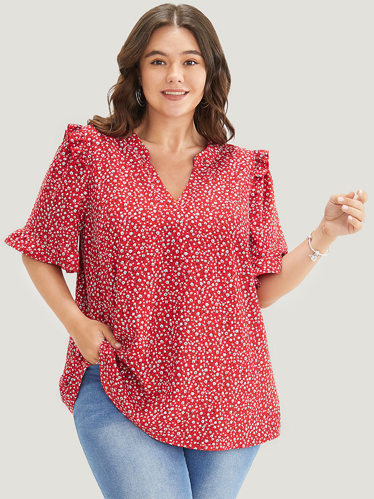 Ditsy Floral Frill Trim Ruffle Sleeve Notched Neck Blouse BloomChic