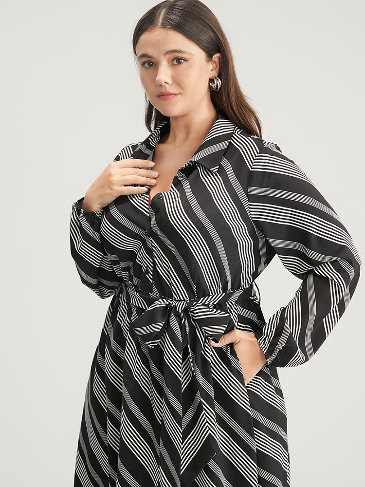 Striped Lantern Sleeve Pocket Belted Lapel Collar Dress