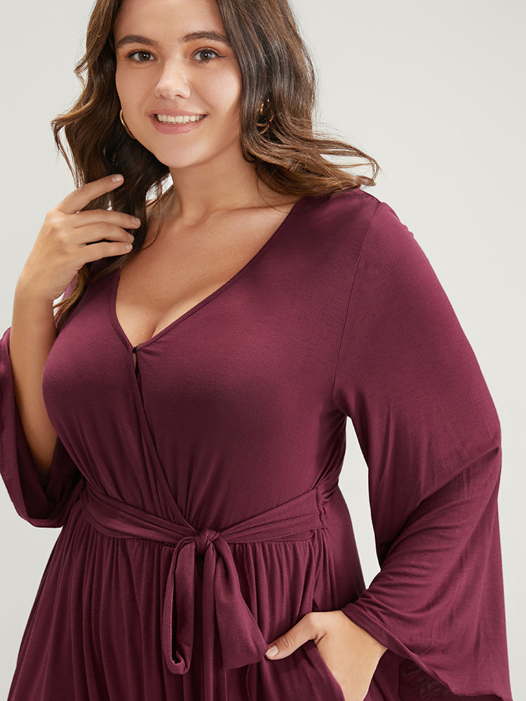 Solid Wrap Knotted Front Pocket Bell Sleeve Asymmetrical Hem Dress