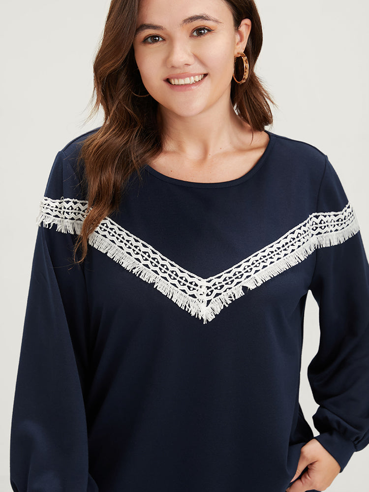 Plain Round Neck Contrast Lace Drop Shoulder Sweatshirt