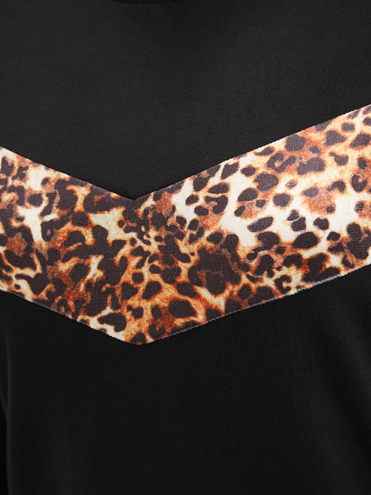Leopard Patchwork Round Neck Drop Shoulder Sweatshirt