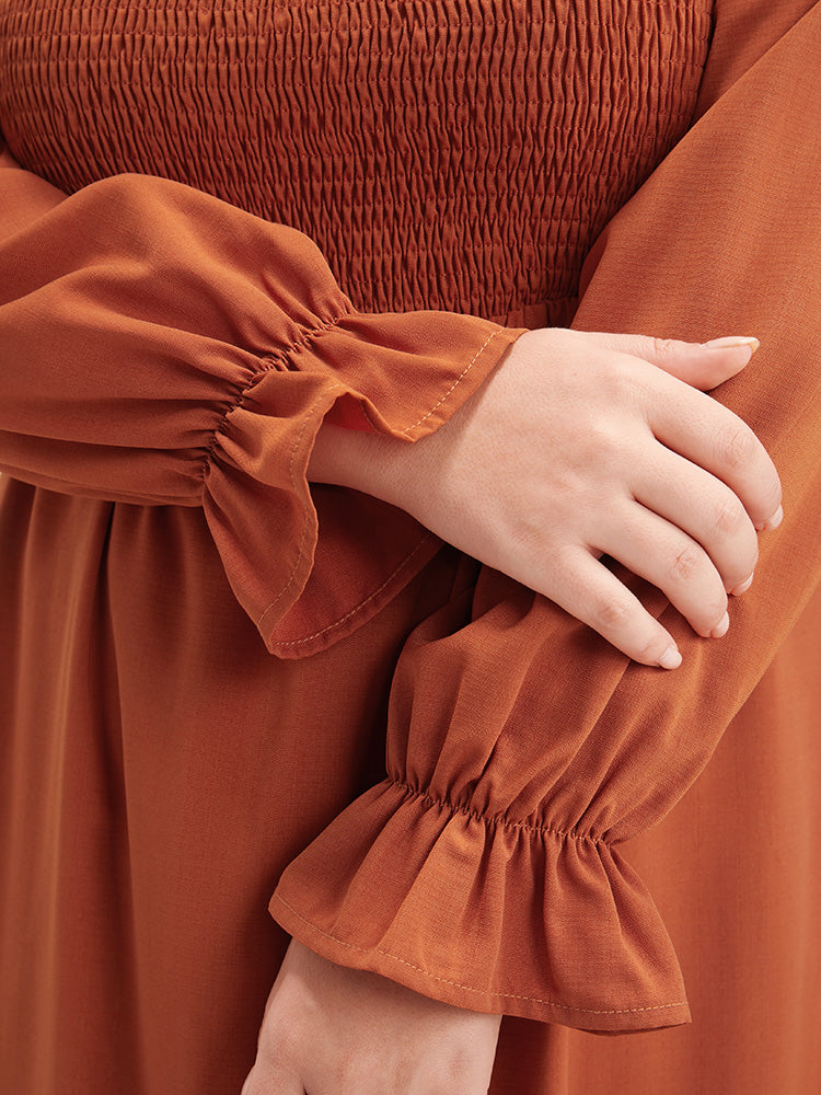 Solid Shirred Square Neck Lantern Sleeve Split Hem Dress