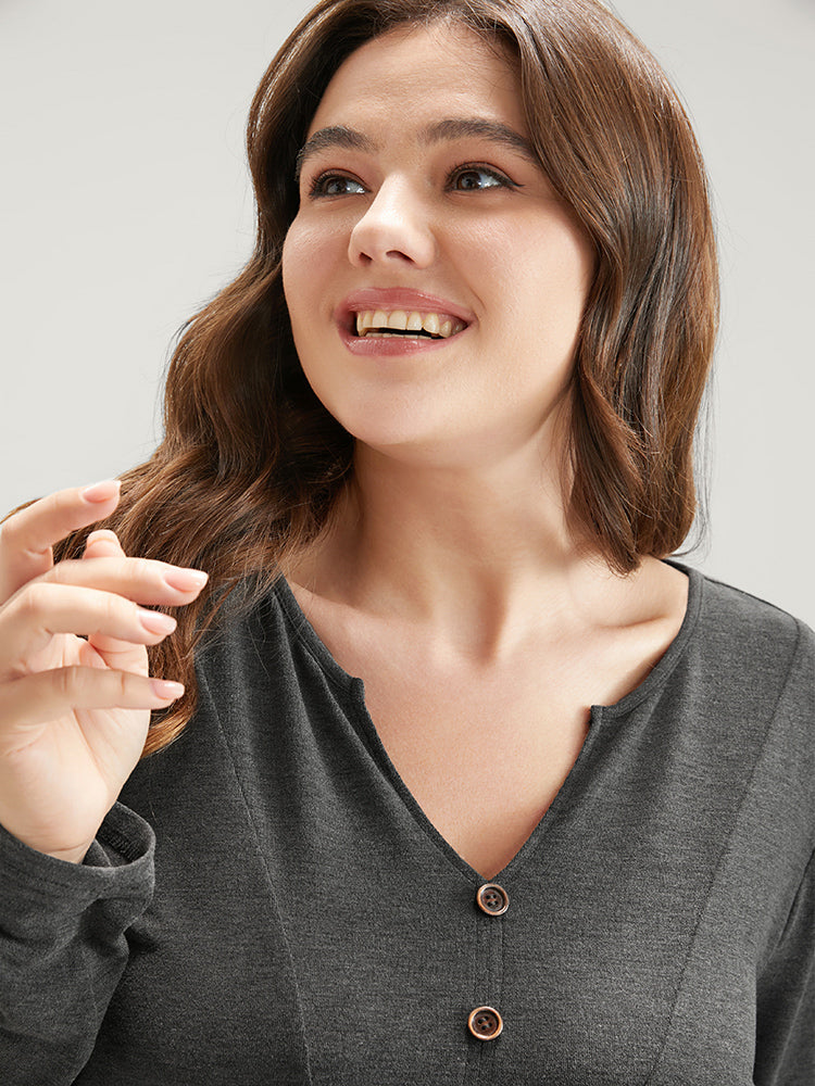 Solid V Neck Button Detail Long Tee