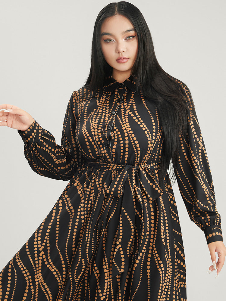 Polka Dot Pocket Button Detail Belted Shirt Collar Dress