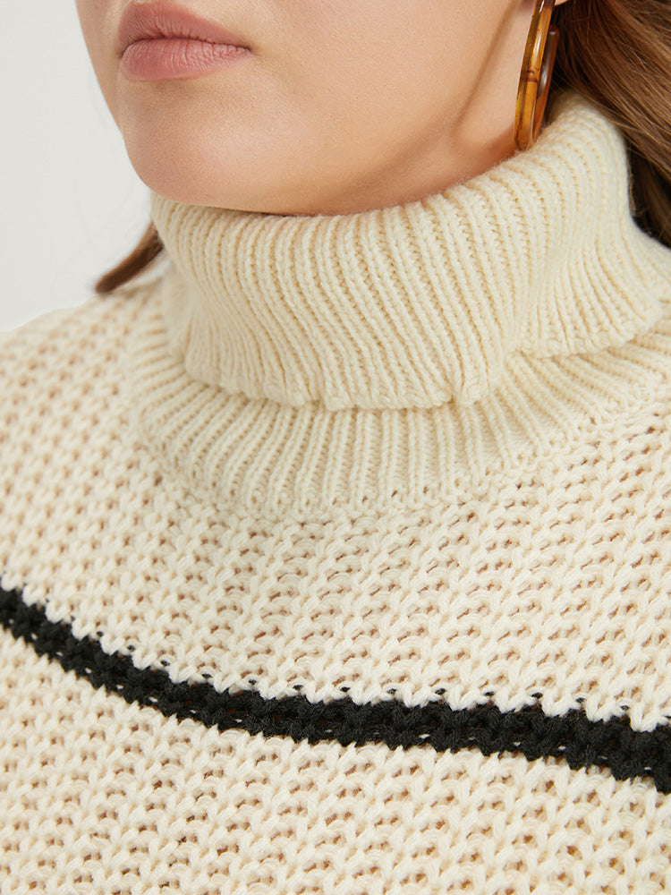 Striped Contrast Pointelle Knit Lantern Sleeve Funnel Neck Knit Top