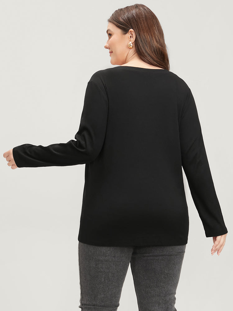 Solid Button Detail V Neck Long Tee