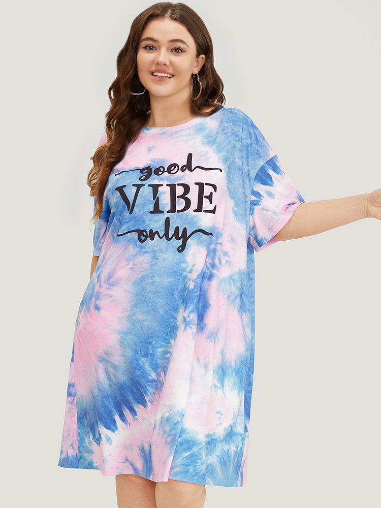 Letter Print Pocket Crew Neck Tie Dye Dress