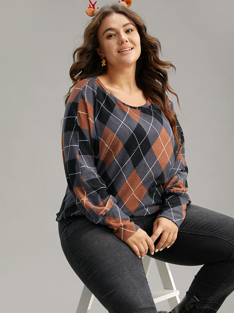Plaid Contrast Round Neck Dolman Sleeve T-shirt