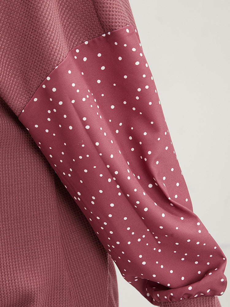 Polka Dot Patchwork Wrap Waffle Knit Sweatshirt