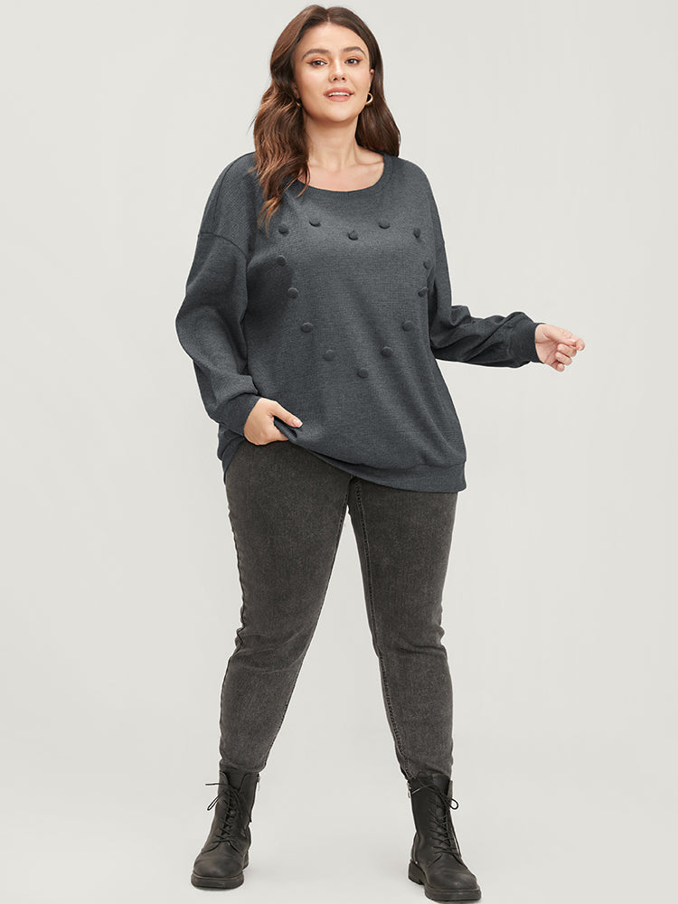 Solid Button Detail Round Neck Waffle Knit Sweatshirt