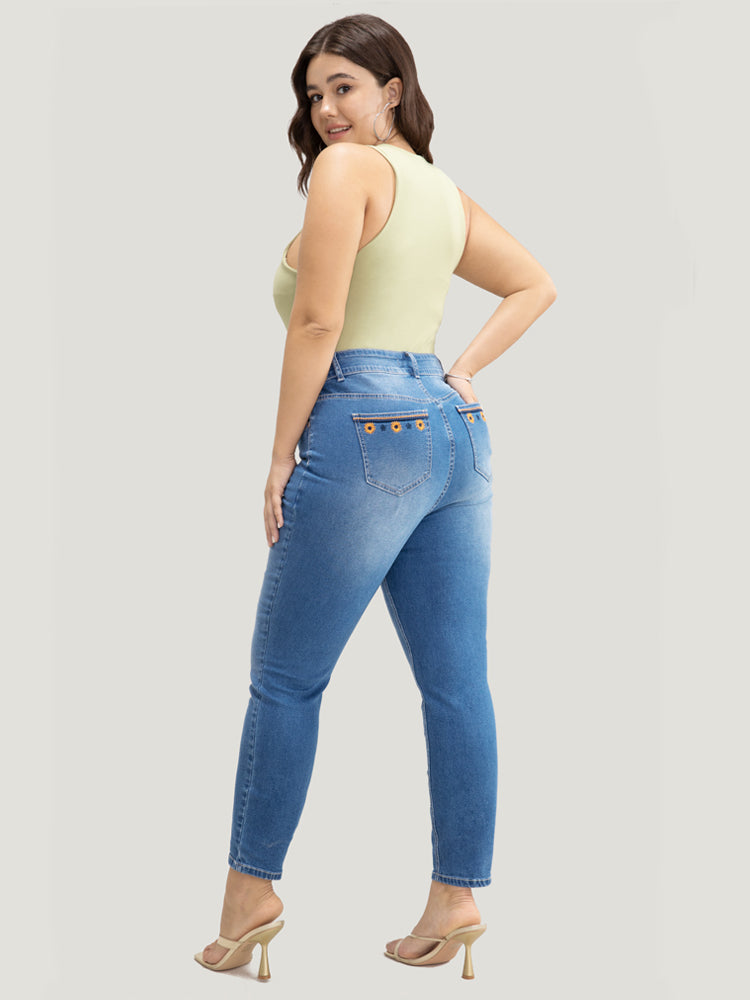 Very Stretchy High Rise Medium Wash Floral Embroidered Jeans