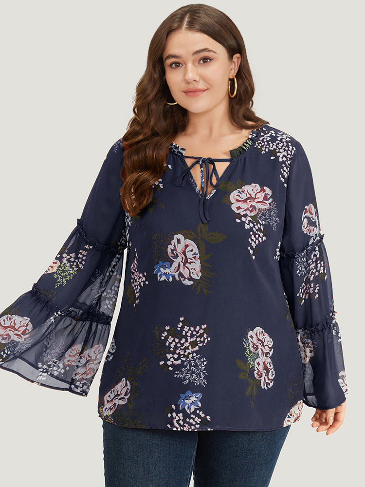 Floral Print Knot Neck Frill Trim Mesh Bell Sleeve Blouse – BloomChic