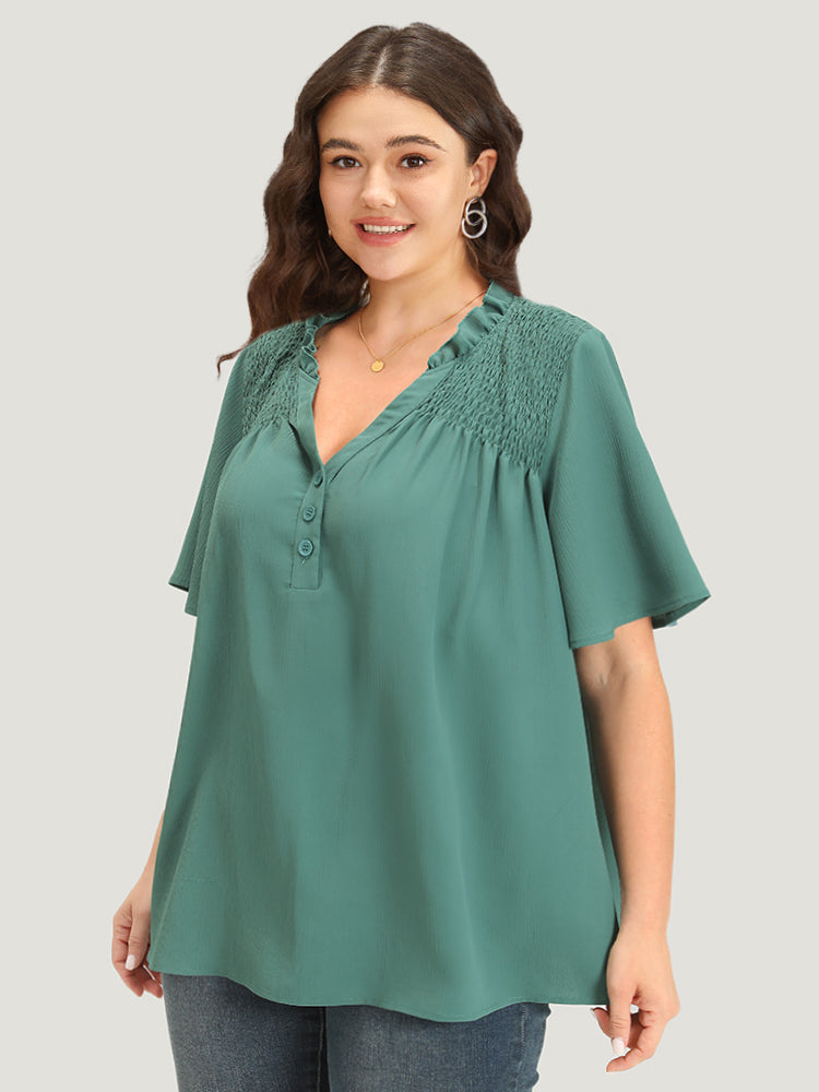 Plain Shirred Button Through Frill Trim Stand Collar Blouse