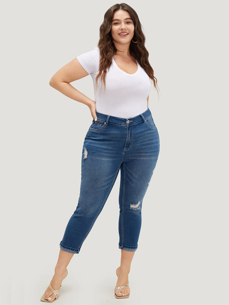 Very Stretchy High Rise Dark Wash Ripped Detail Cropped Jeans