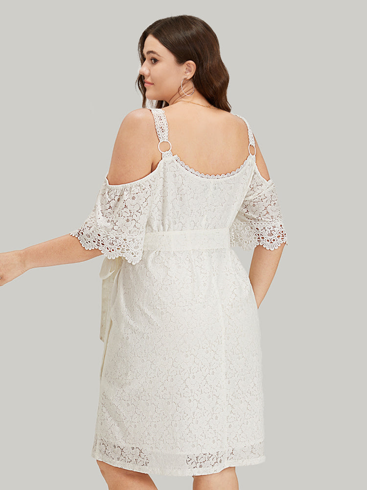 Lace Panel Belted Cold Shoulder Flutter Sleeve Dress