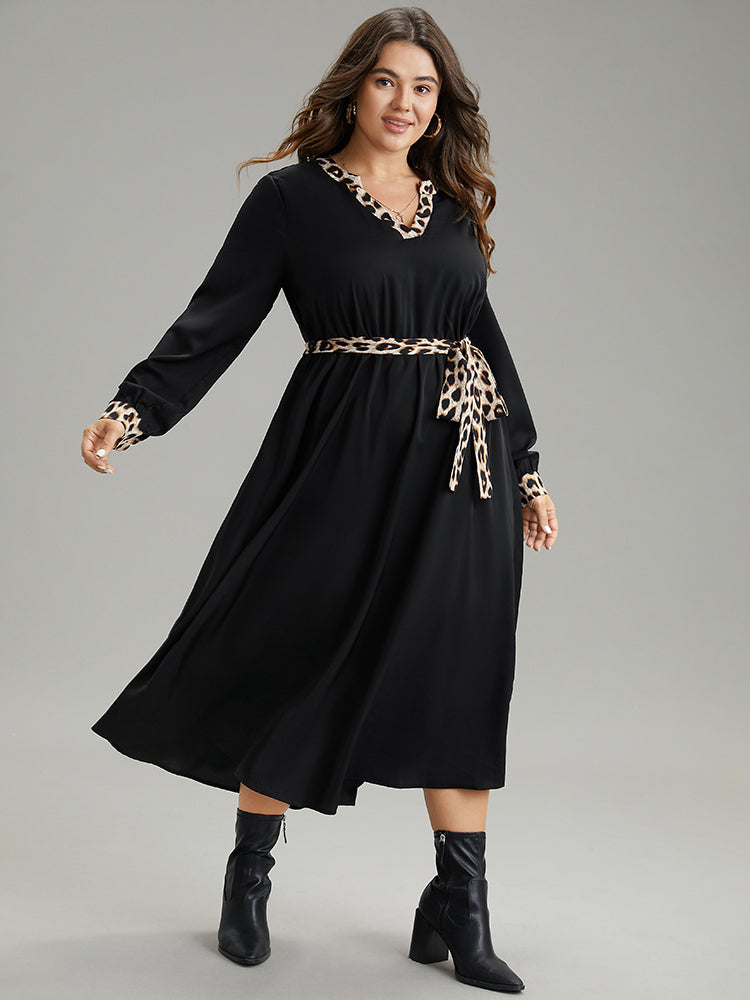 Leopard Patchwork Pocket Belted Notched Dress
