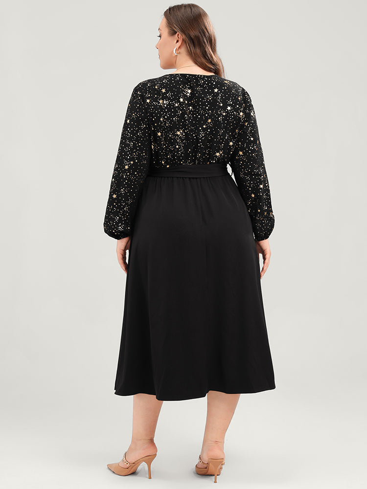 Star Print V Neck Pocket Lantern Sleeve Belted Midi Dress