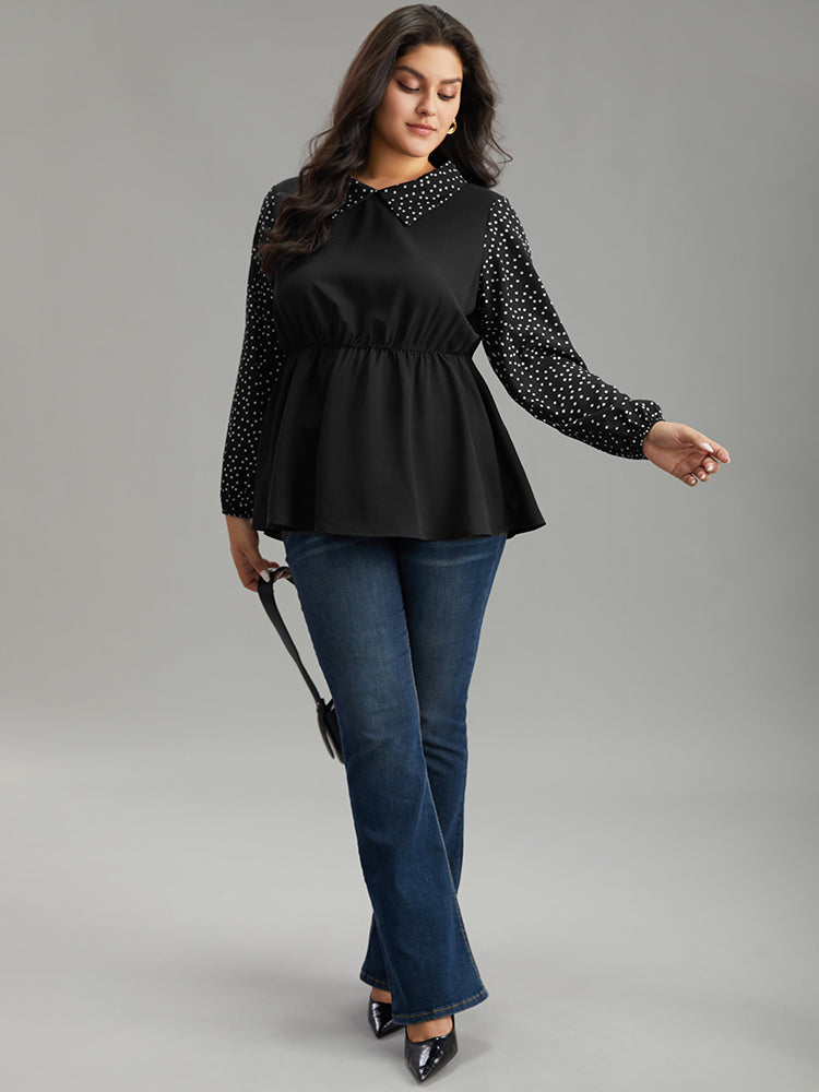 Polka Dot Patchwork Lapel Collar Elastic Waist Blouse