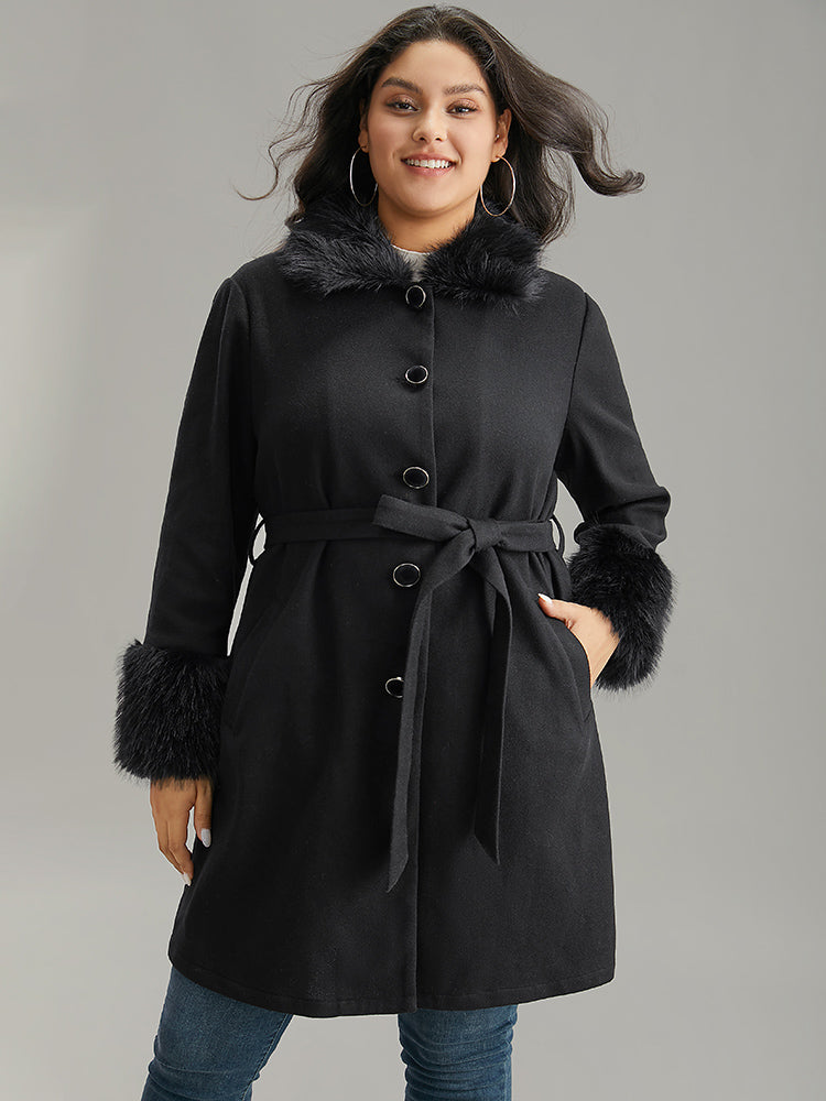 Solid Fuzzy Trim Button Through Belted Coat