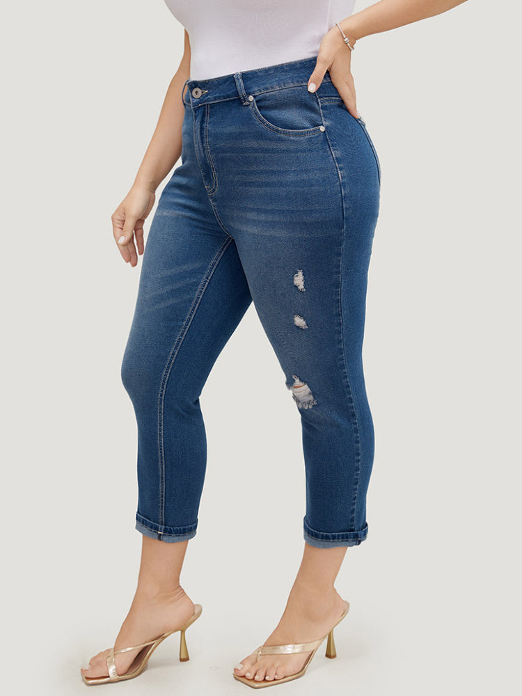 Very Stretchy High Rise Dark Wash Ripped Detail Cropped Jeans