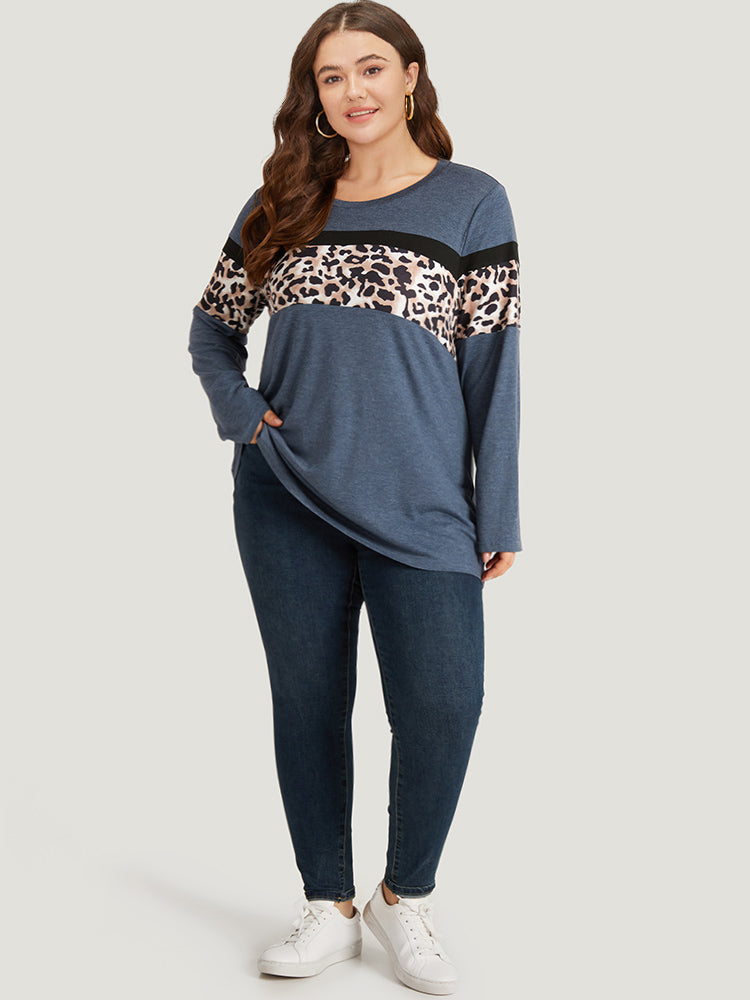 Leopard Heather Patchwork Crew Neck T-shirt