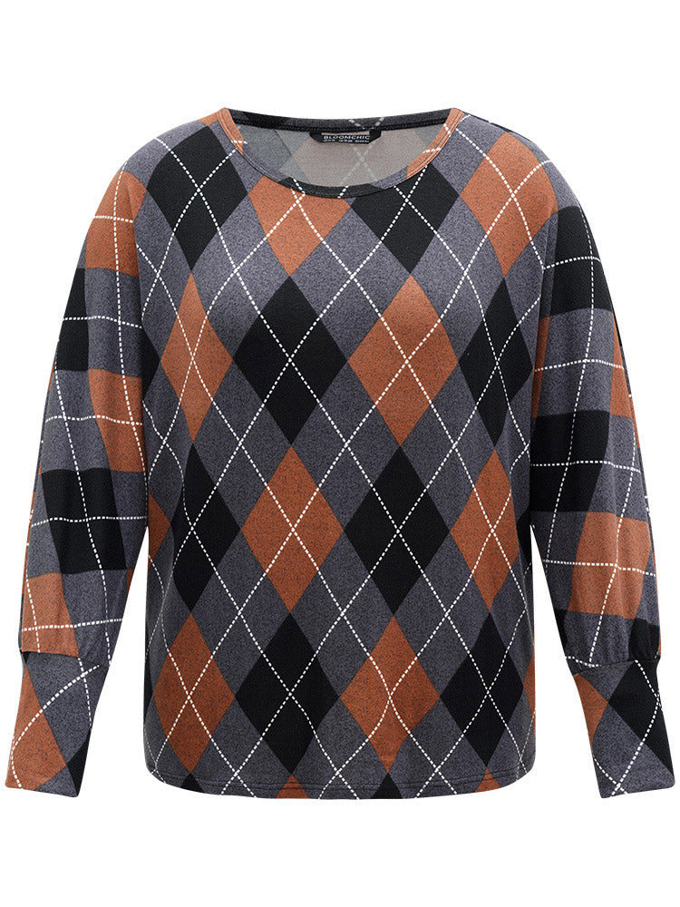 Plaid Contrast Round Neck Dolman Sleeve T-shirt