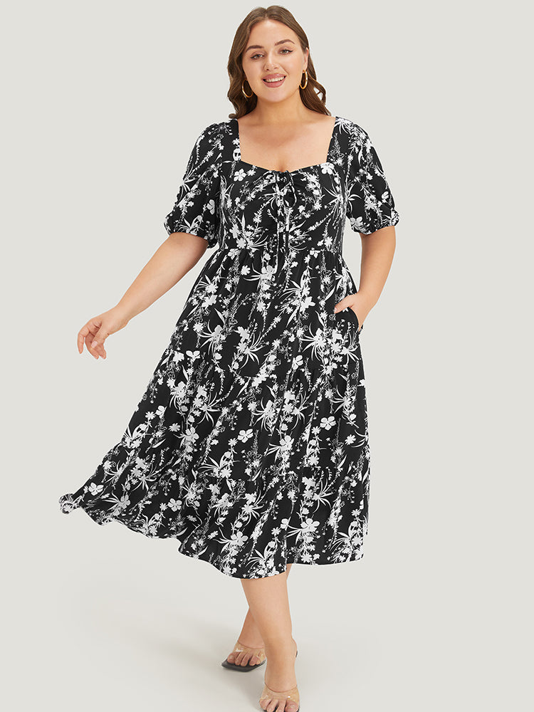 Floral Puff Sleeve Pocket Ruched Drawstring Ruffle Dress BloomChic