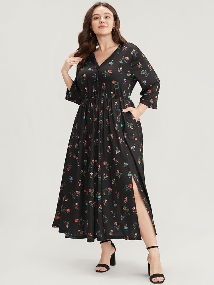 Ditsy Floral Button Up Pocket Split Hem Dress