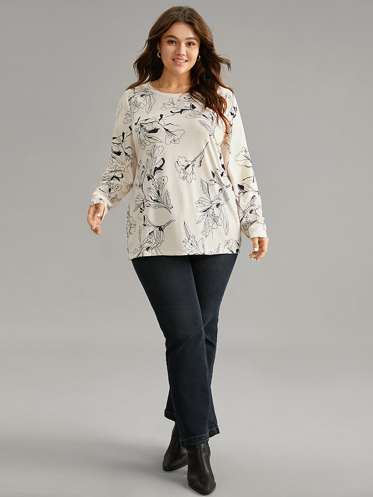 Crew Neck Silhouette Floral Print Basic T-shirt