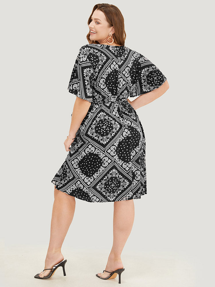 Paisley Print Pocket Belted Wrap Flutter Sleeve Dress