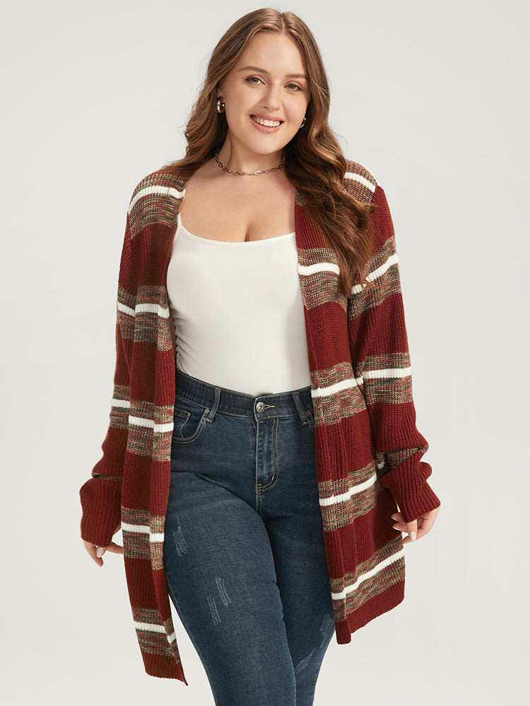 Striped Contrast Pointelle Knit Open Front Heather Cardigan