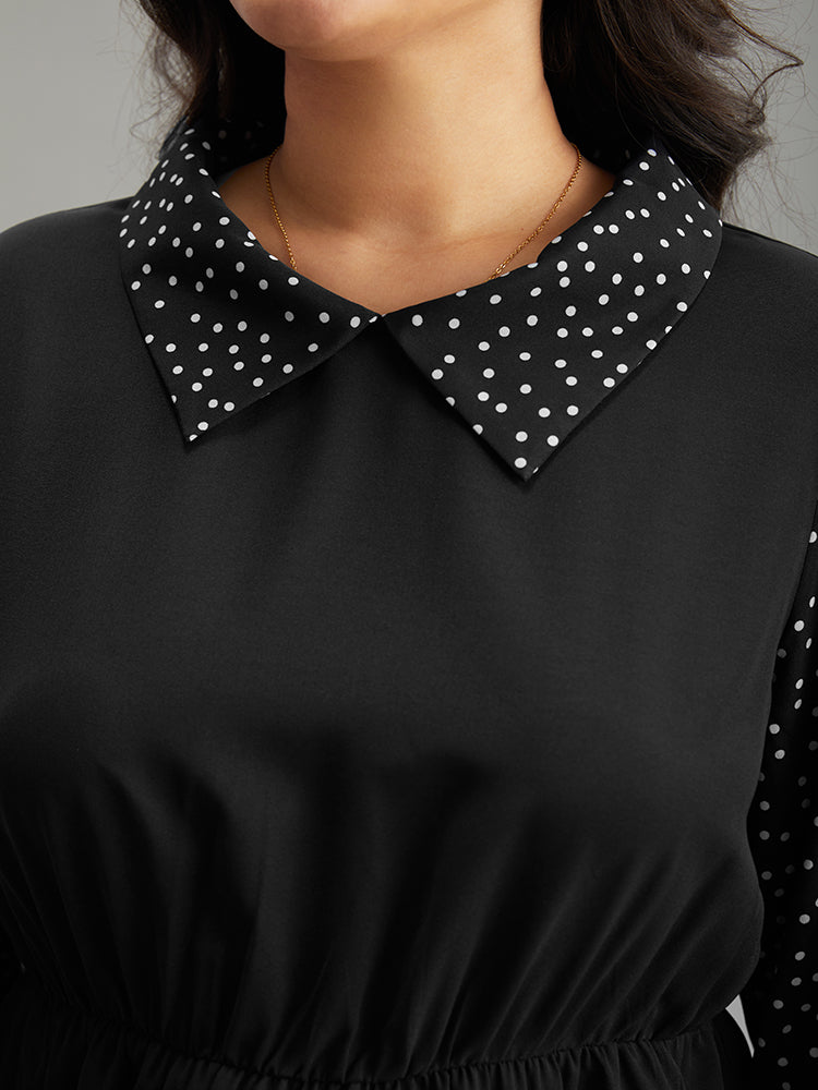 Polka Dot Patchwork Lapel Collar Elastic Waist Blouse