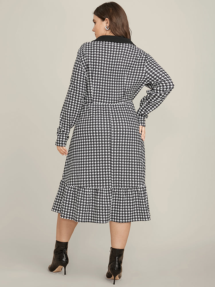Contrast Trim Suit Collar Pocket Ruffle Hem Houndstooth Dress