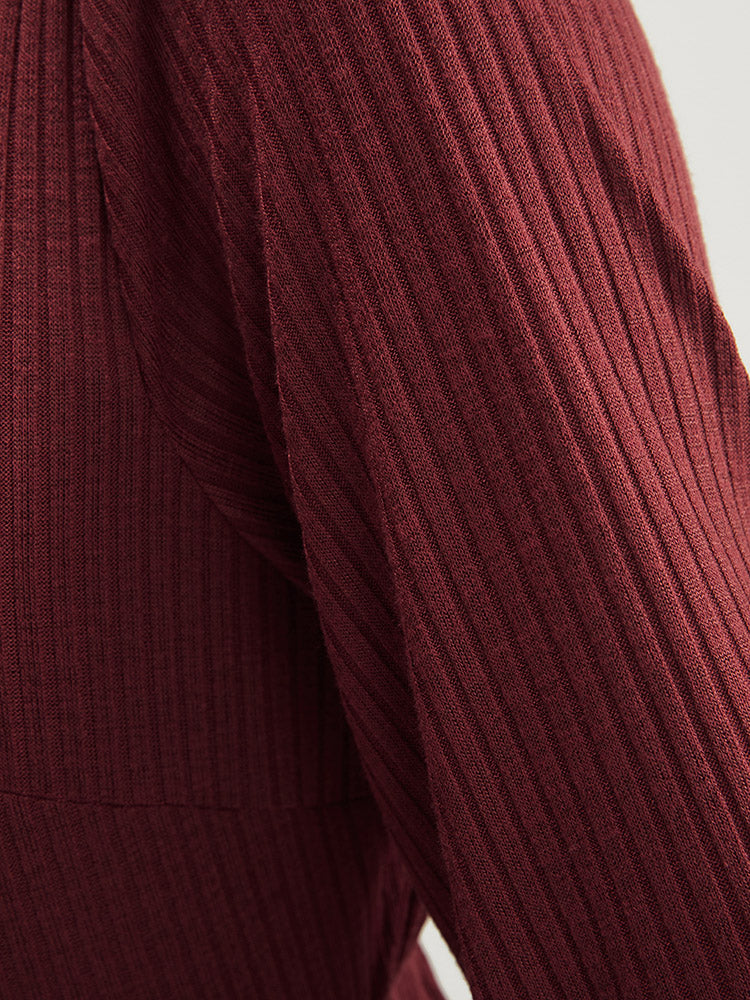 Solid Lantern Sleeve Tie Neck Pocket Rib Knit Dress