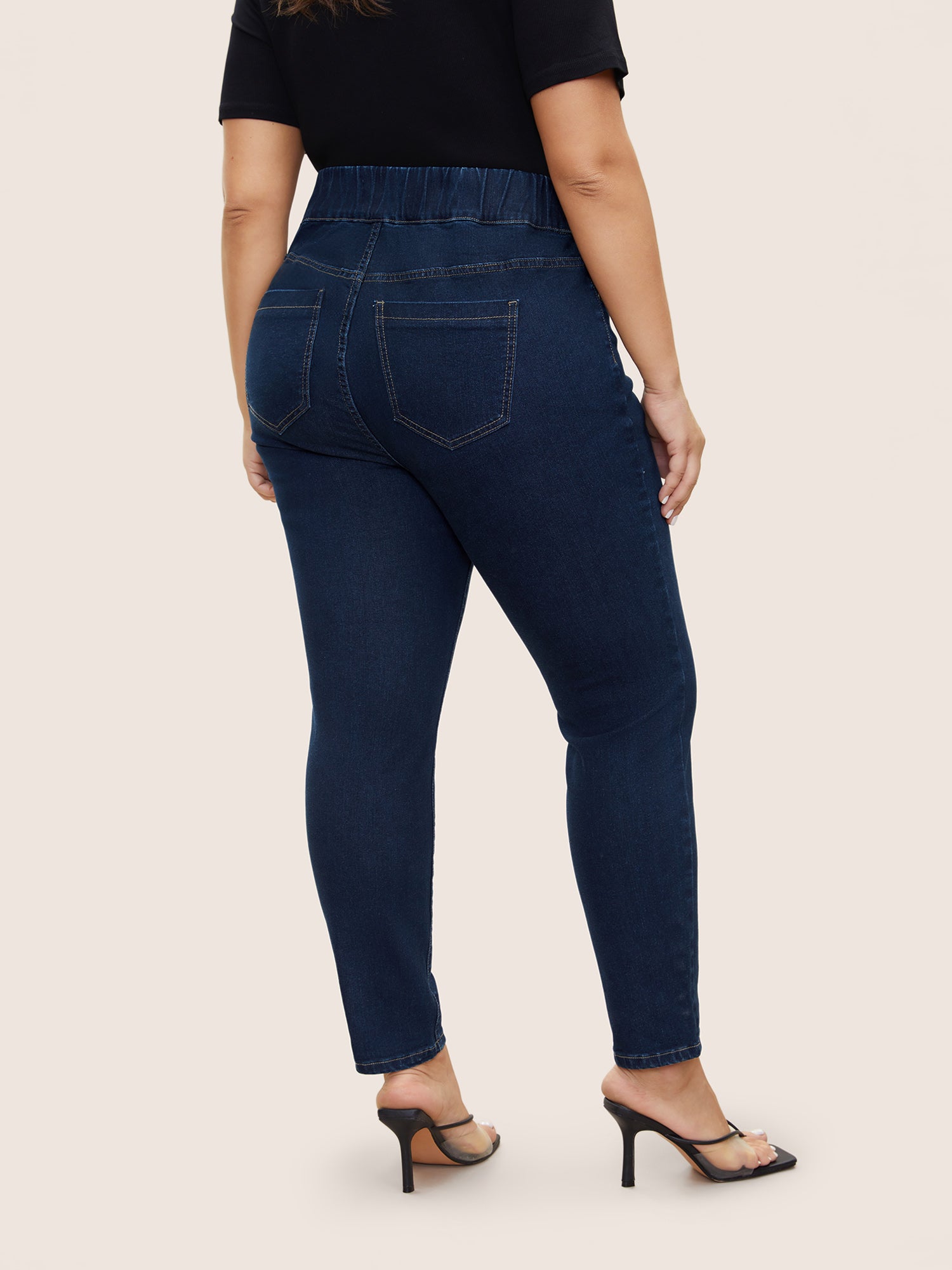 Elastic Waist Full Length Button Detail Jeans