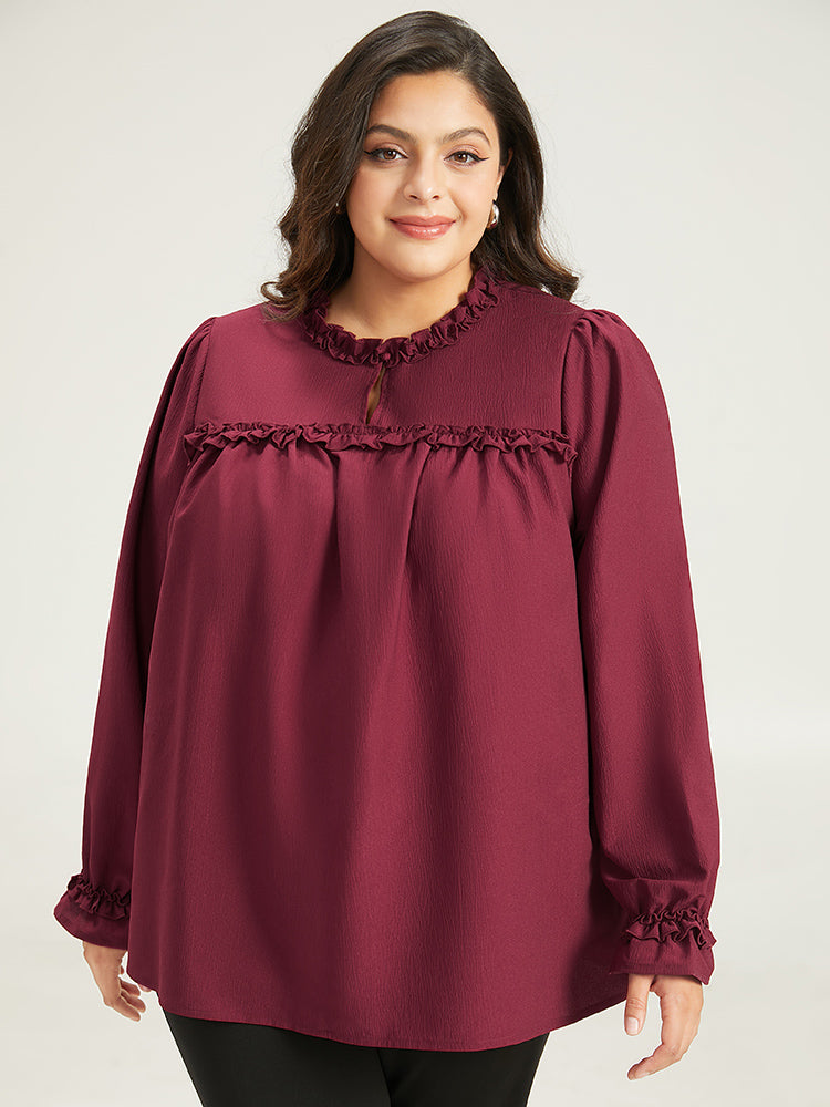 Solid Frill Trim Puff Sleeve Blouse