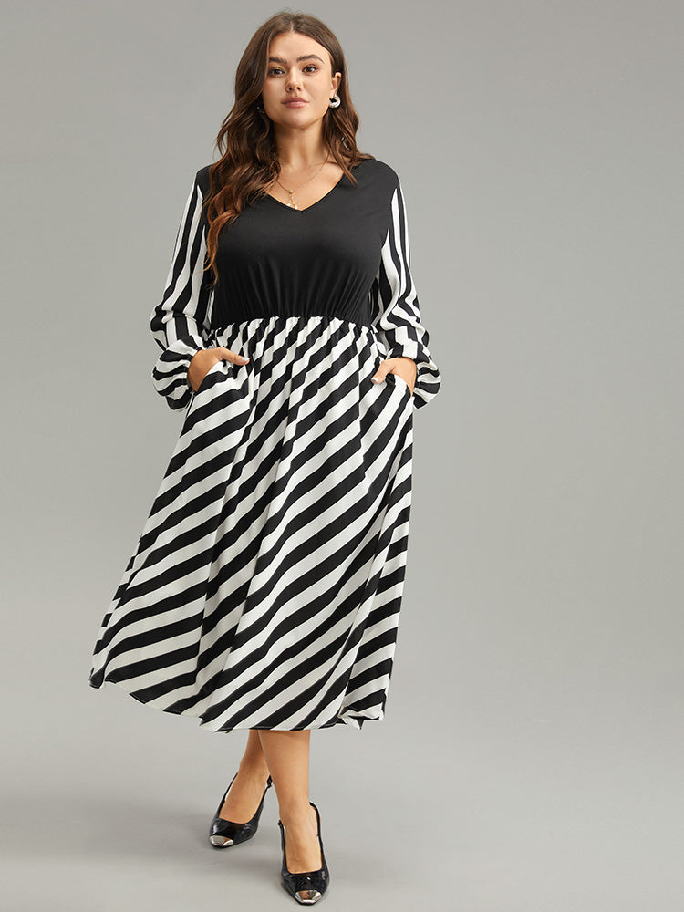 BloomChic Women's Plus Size Striped Patchwork Elastic Waist Lantern Sleeve Dress Black Office Elastic Cuffs 14-16/1X