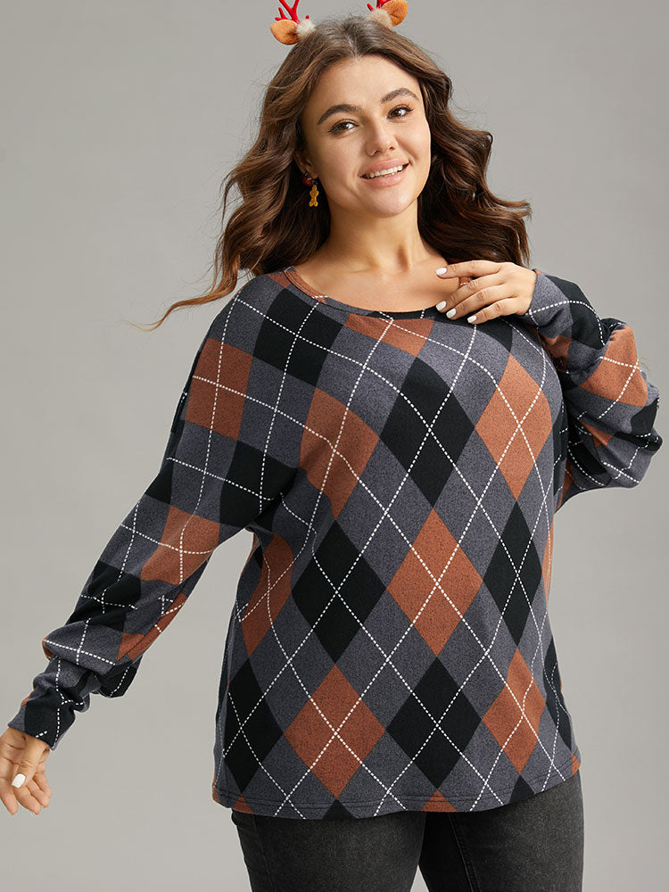 Plaid Contrast Round Neck Dolman Sleeve T-shirt