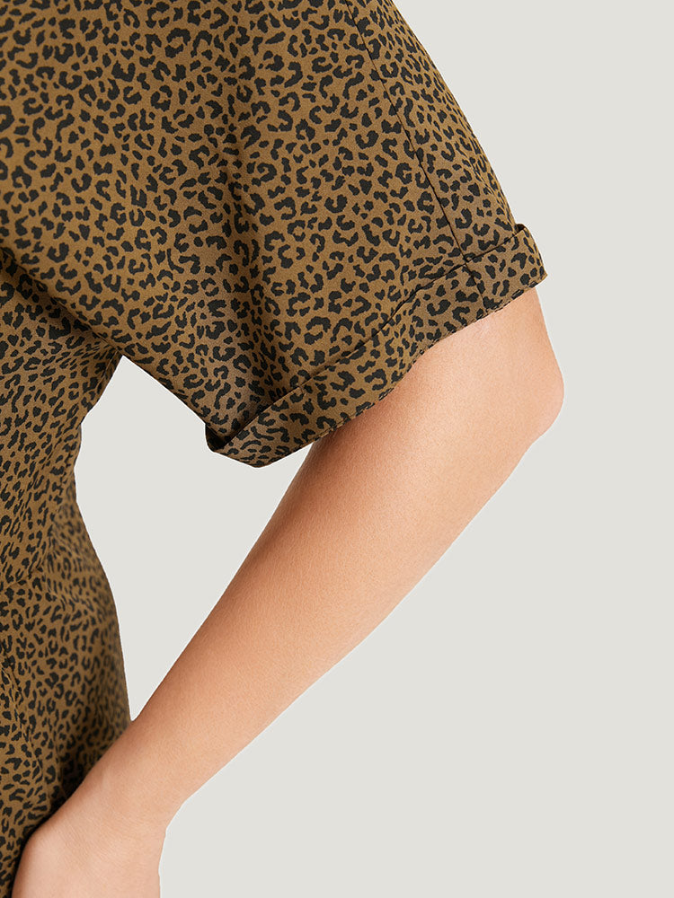Leopard Print V Neck Button Detail Dolman Sleeve Dress