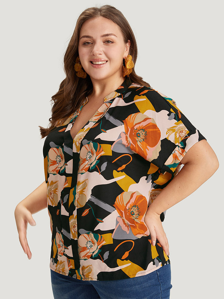 Floral Print Notched Cuffed Sleeve Blouse