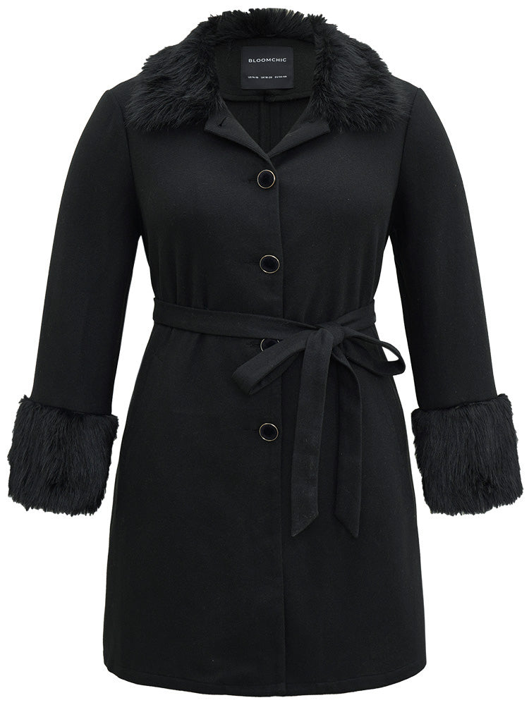 Solid Fuzzy Trim Button Through Belted Coat