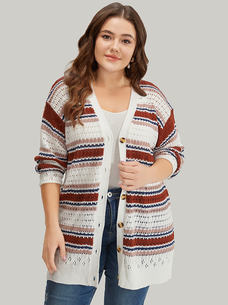 Striped Contrast Pointelle Knit Button Through Cardigan