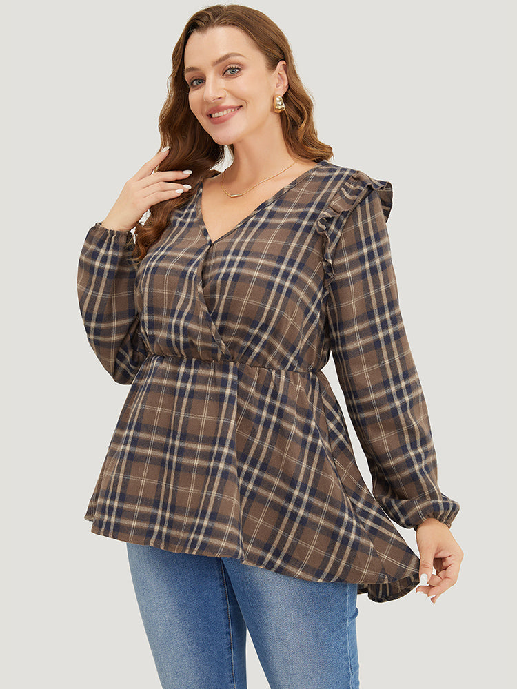 Plaid Ruffles Trim Lantern Sleeve Asymmetrical Hem Wrap Blouse
