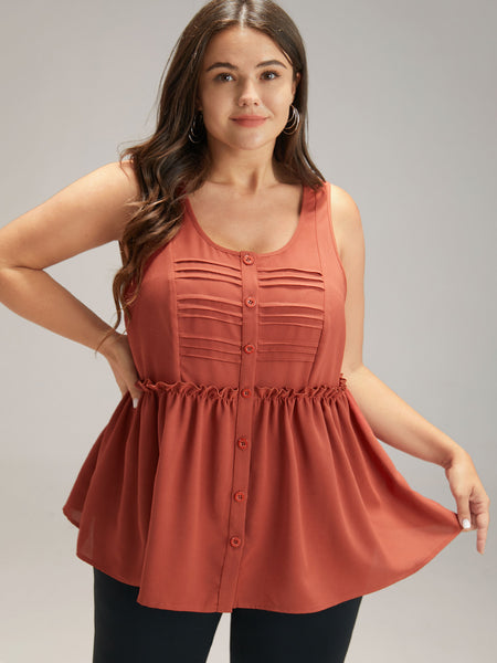 Plus Size Tank Tops Camis, Solid Button Up Pleated Frill Trim Tank Top