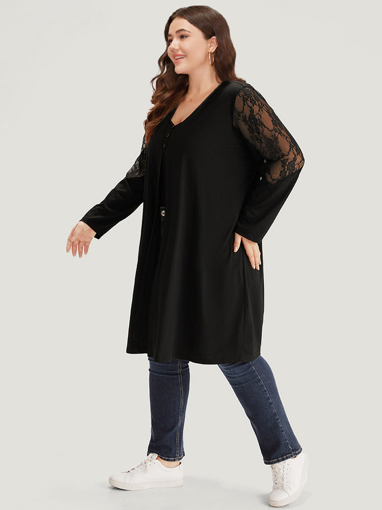 Supersoft Essentials Solid Crochet Lace Mesh Drape Open Front Coat