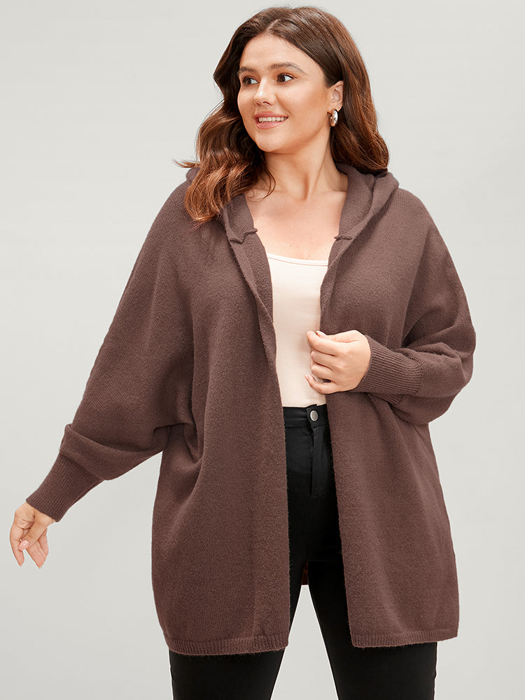 Solid Pointelle Knit Dolman Sleeve Open Front Hooded Cardigan