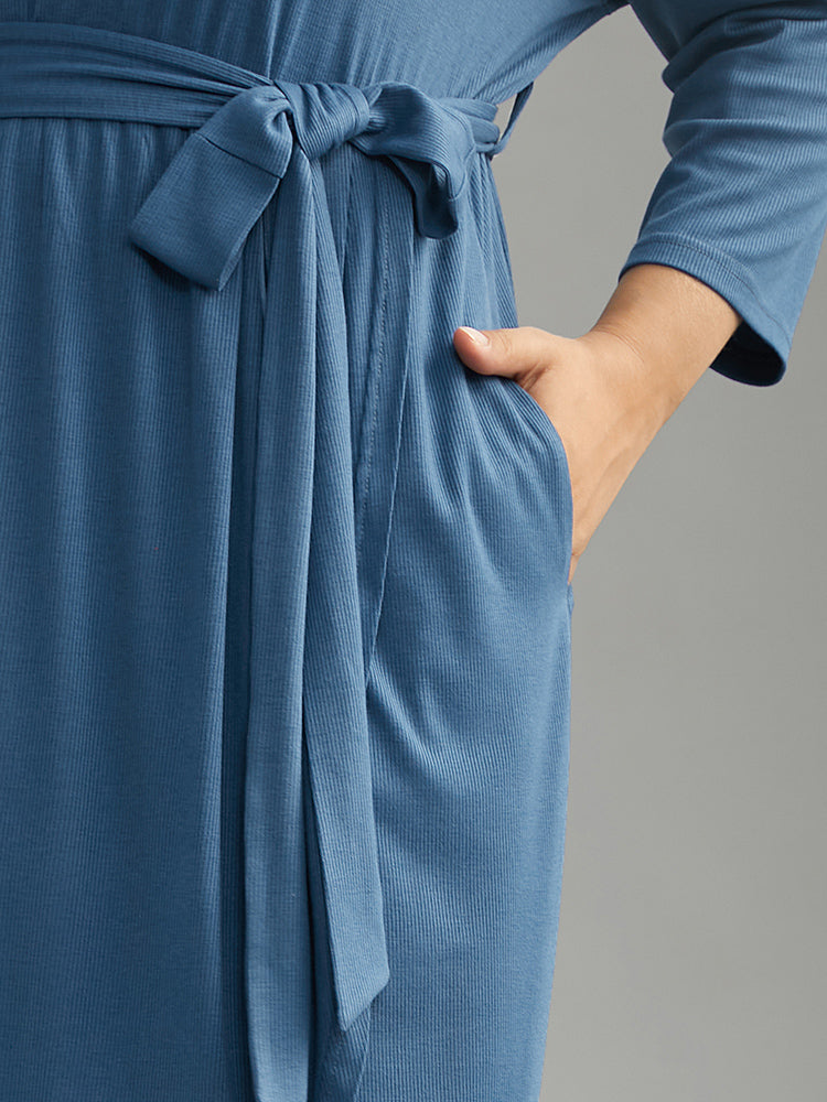 Plain Square Neck Arc Hem Belted Wrap Dress